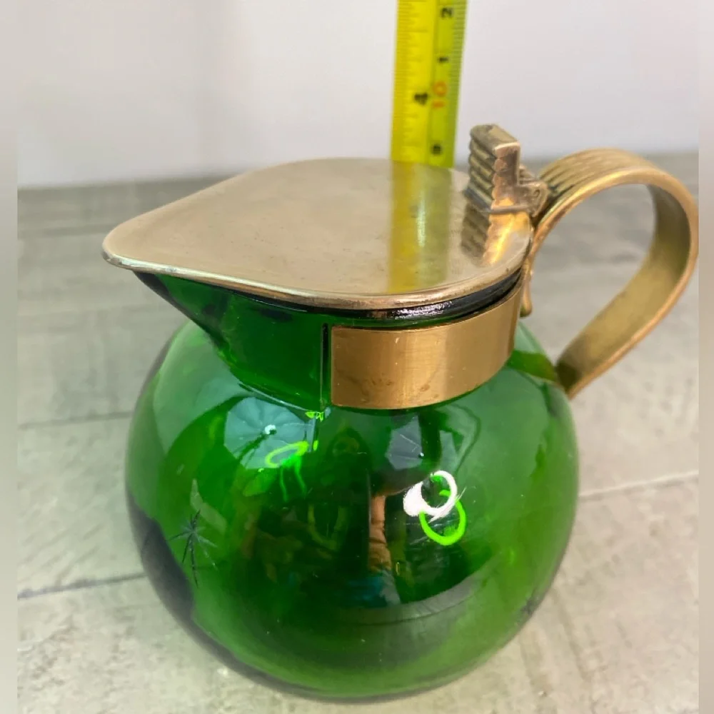 Vintage Emerald Glo Star Cut Green Glass Brass Pitcher Saucer National SilverCo